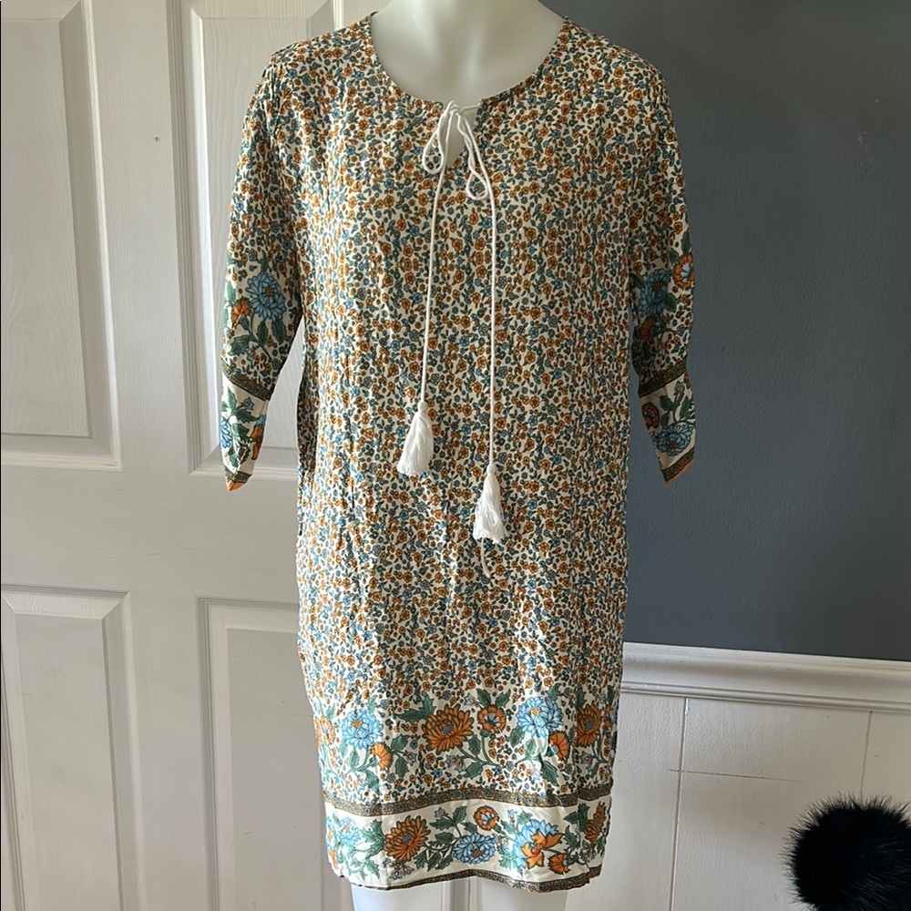 Halife Tan Floral Sheath Dress with Cuffed 3/4 Sleeves and Tassel Tie